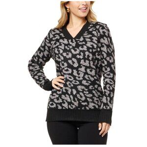 Nina Leonard Womens V Neck Pullover Sweater Ribbed Cuff/Hem Black Gray Large